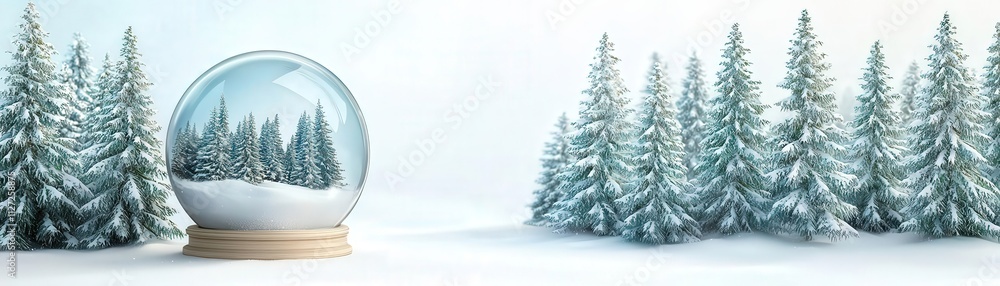Obraz premium Winter wonderland snow globe, snowcovered trees, isolated on white, peaceful vibe, watercolor style