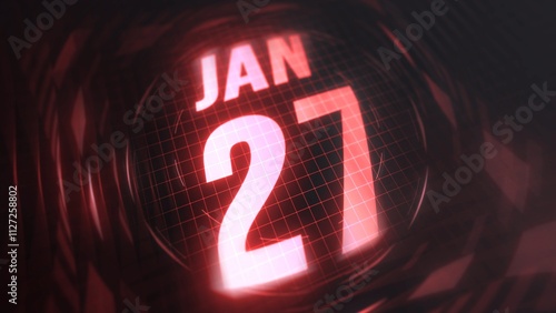 January 27st, hud calendar with neon red sign in 4k. Calendar with number and month with grid background. photo