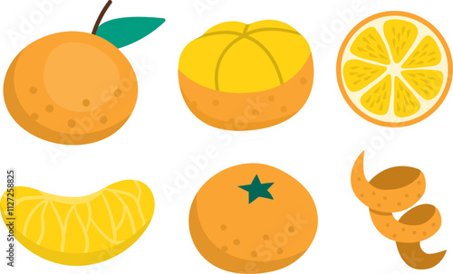 Vector tangerine set. Hand drawn flat citrus fruit collection. Cartoon illustration of orange peel, piece, in slices and cut in two. Fresh food isolated on white background