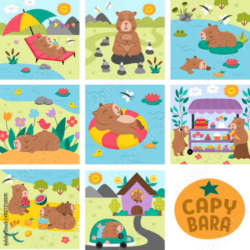 Vector capybara square scenes collection Capibara landscape illustration pack for kids. Cute nature scenes set with adorable animals relaxing, meditating, sleeping, eating, having fun
