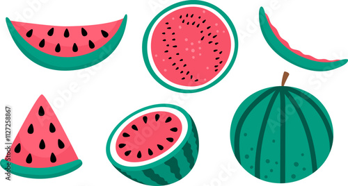 Vector watermelon set. Hand drawn flat summer fruit collection. Cartoon illustration of water melon peel, crust, piece, in slices and cut in two. Fresh food isolated on white background