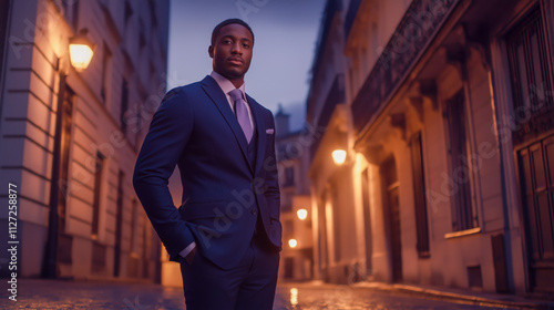 Evening ambiance meets sophistication as a well dressed man stands confidently in a Parisian street, illuminated by warm streetlights and historic charm.