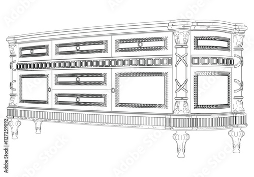 Elegant antique sideboard furniture and home interior decorations in trendy vintage retro style. Modern hand drawn black sketch vector illustrations isolated on white background