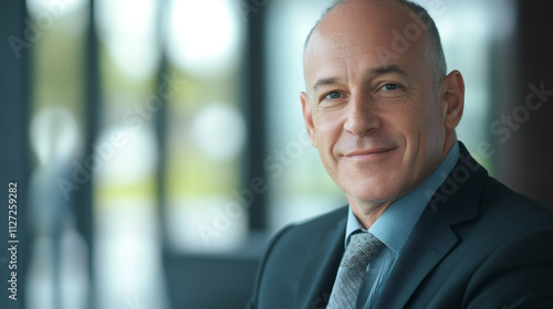 Mature executive exudes confidence as he smiles in a suit and tie, standing in a modern office with expansive windows