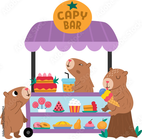 Vector capybaras sitting in rolling snack cart with wheels. Candy shop with capibaras icon. Cartoon sweets stand illustration with adorable animals. Pastry or bakery trolley clipart, capy bar