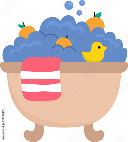 Vector bathtub icon filled with water and foam, with floating tangerines, little yellow duck and towel. Cute bubbling bath illustration isolated on white background. Funny tub clipart