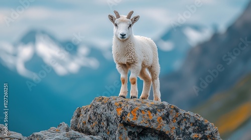 Adorable mountain goat standing on a rock in scenic landscape