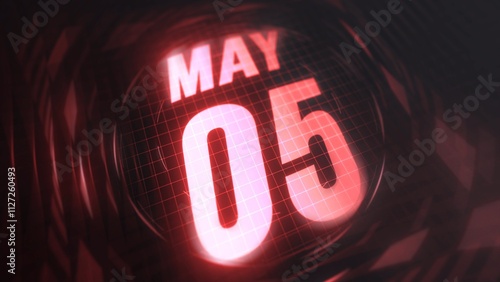 May 5st, hud calendar with neon red sign in 4k. Calendar with number and month with grid background. photo