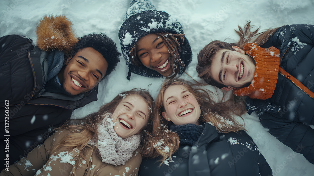 A group of friends lying in the snow posing and laughing together for a spontaneous photo.