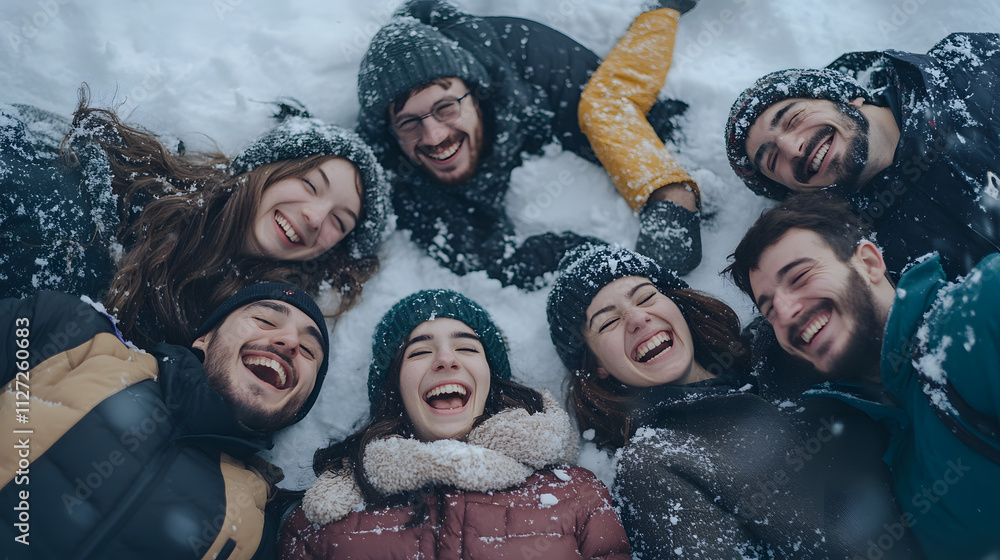 A group of friends lying in the snow posing and laughing together for a spontaneous photo.