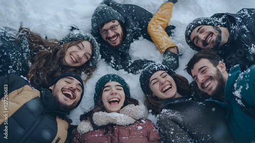 Obraz na płótnie A group of friends lying in the snow posing and laughing together for a spontaneous photo. w salonie