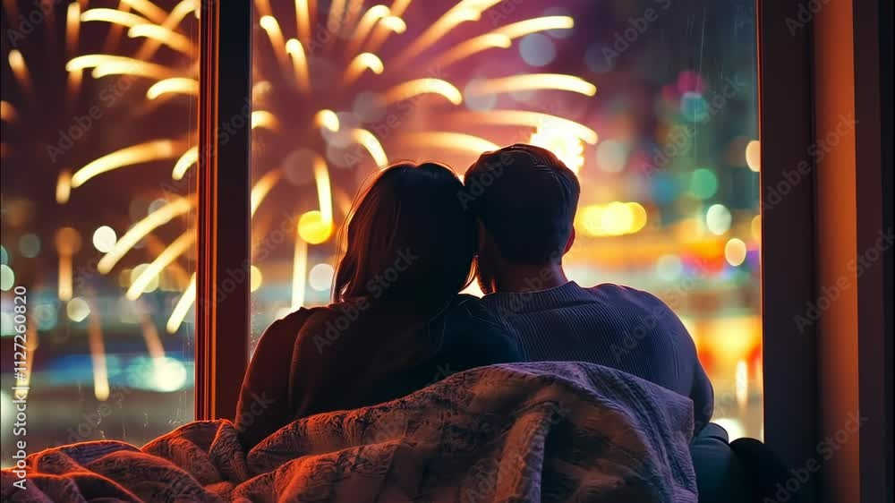 Couple in love looking at fireworks through the window. Selective focus Couple in love looking at fireworks through the window. Selective focus