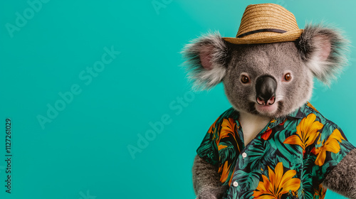 Koala showcases a vibrant tropical shirt and straw hat against a bright background, capturing laid back summer vibes full of fun and personality. photo