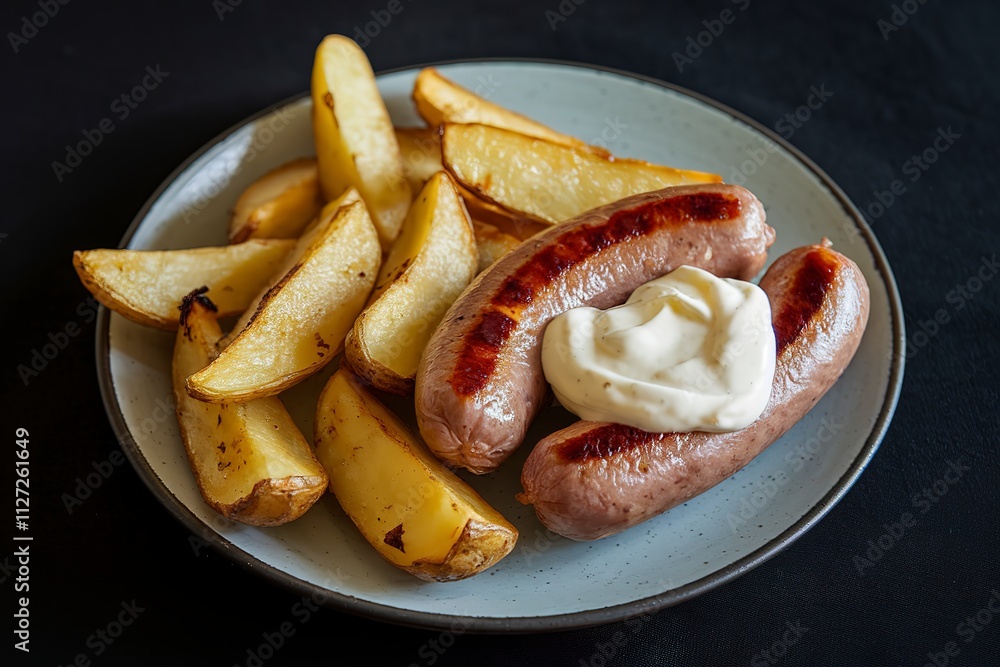 A photo of golden roasted potato wedges and delicious sausages on a plate. A photo of golden roasted potato wedges and delicious sausages on a plate.