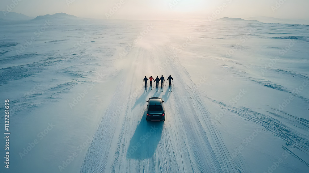 A group of friends skiing in tandem being pulled by a car through a wide snowy plain.