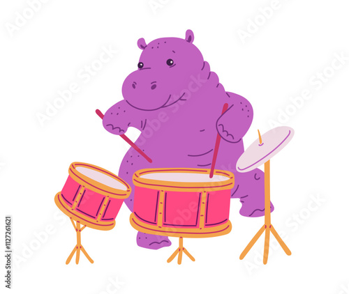 Vector illustration of a purple hippo dancing and playing drums.