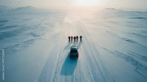 Obraz na płótnie A group of friends skiing in tandem being pulled by a car through a wide snowy plain. w salonie