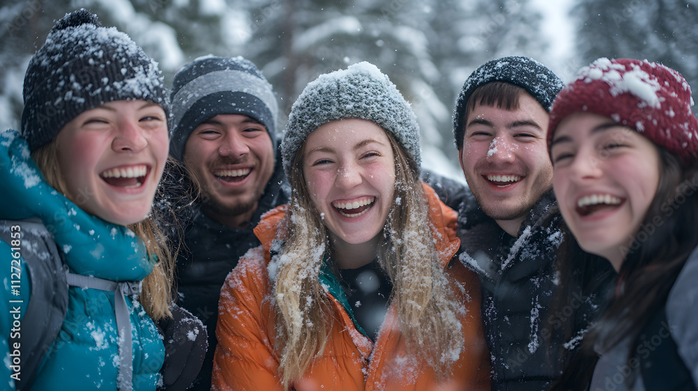 A group of friends smiling and forming teams for an organized snowball battle.