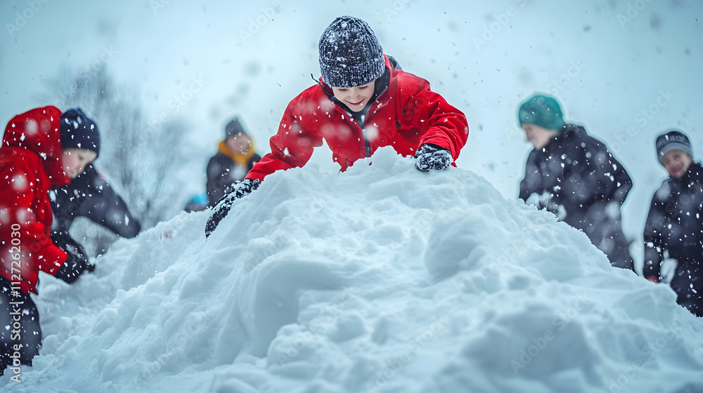 A group of kids building a large snow ramp for an epic sledding jump.