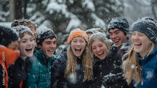 Obraz na płótnie A group of friends smiling and forming teams for an organized snowball battle. w salonie