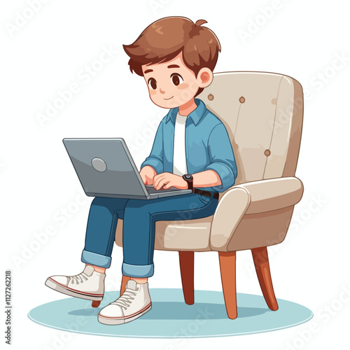 a boy is using his laptop vector