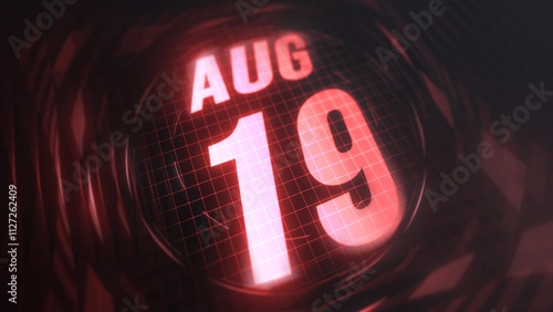 August 19st, hud calendar with neon red sign in 4k. Calendar with number and month with grid background. photo