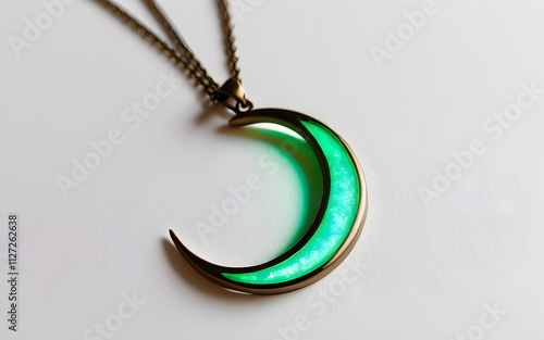 A necklace with a glowing pendant shaped like a crescent moon photo