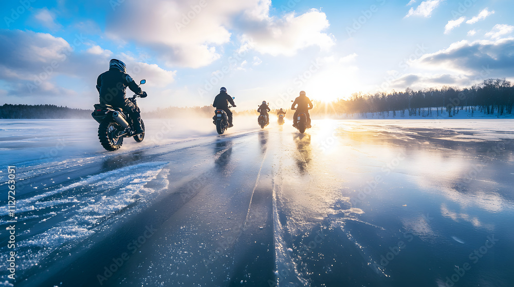 A group of motorcyclists racing across the reflective ice of a frozen lake.