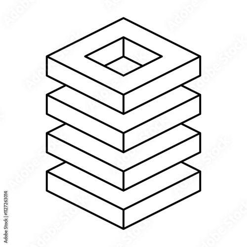Geometric Stack Outline Vector Illustration. This vector illustration depicts a three-dimensional, layered geometric stack with clean and precise lines.