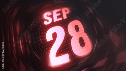 September 28st, hud calendar with neon red sign in 4k. Calendar with number and month with grid background. photo