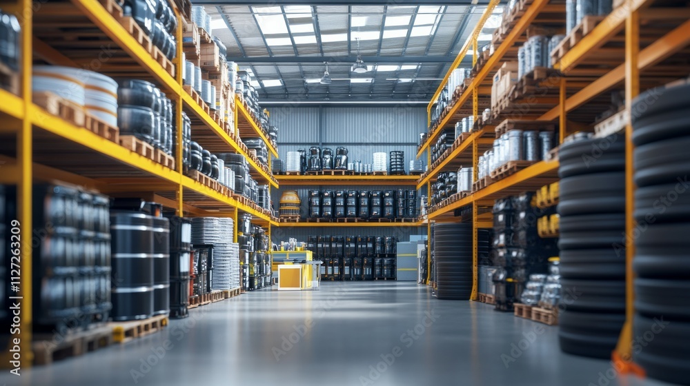 A professional display of high-quality automotive and road construction materials in the warehouse in the factory A professional display of high-quality automotive and road construction materials in the warehouse in the factory