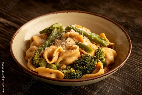 a bowl of pasta cappelletti mixed with green vegetables such as broccoli and green beans, stewed in a gravy