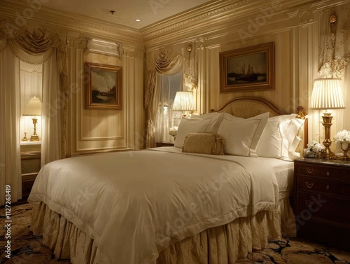 A spacious hotel room features an inviting bed, elegant linens, and warm lighting