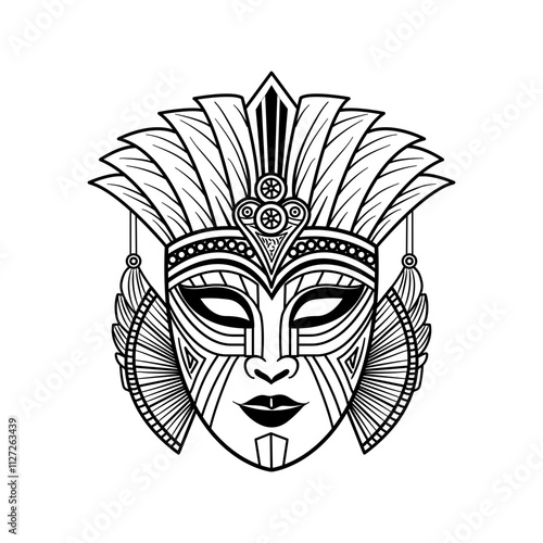 Glyph illustration of a tribal mask with intricate details and symbolic patterns