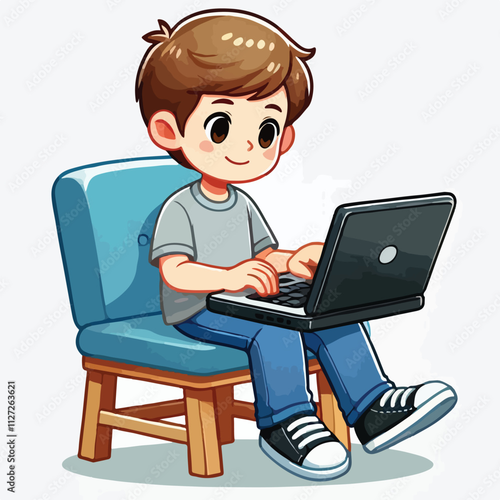 a boy is using his laptop vector a boy is using his laptop vector