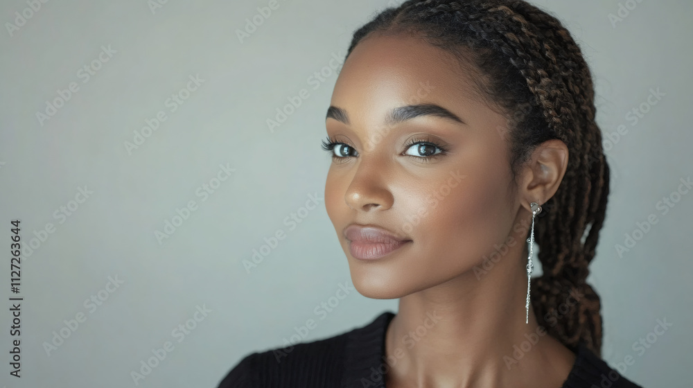 Confident and stylish studio portrait of a young woman with braided hair and elegant earrings Confident and stylish studio portrait of a young woman with braided hair and elegant earrings