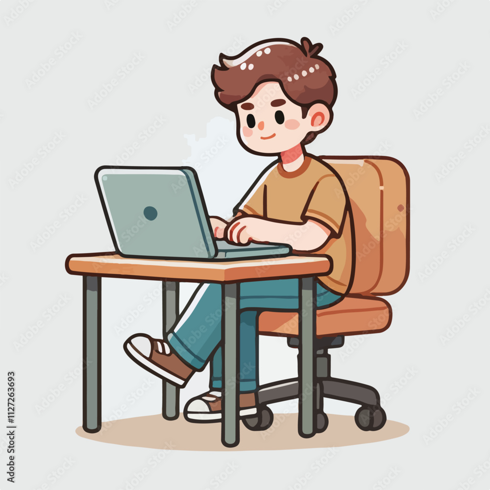 a boy is using his laptop vector a boy is using his laptop vector