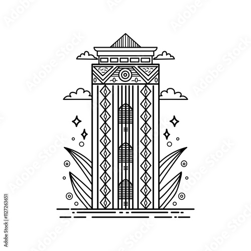 A glyph illustration of a vintage tower with historic artwork