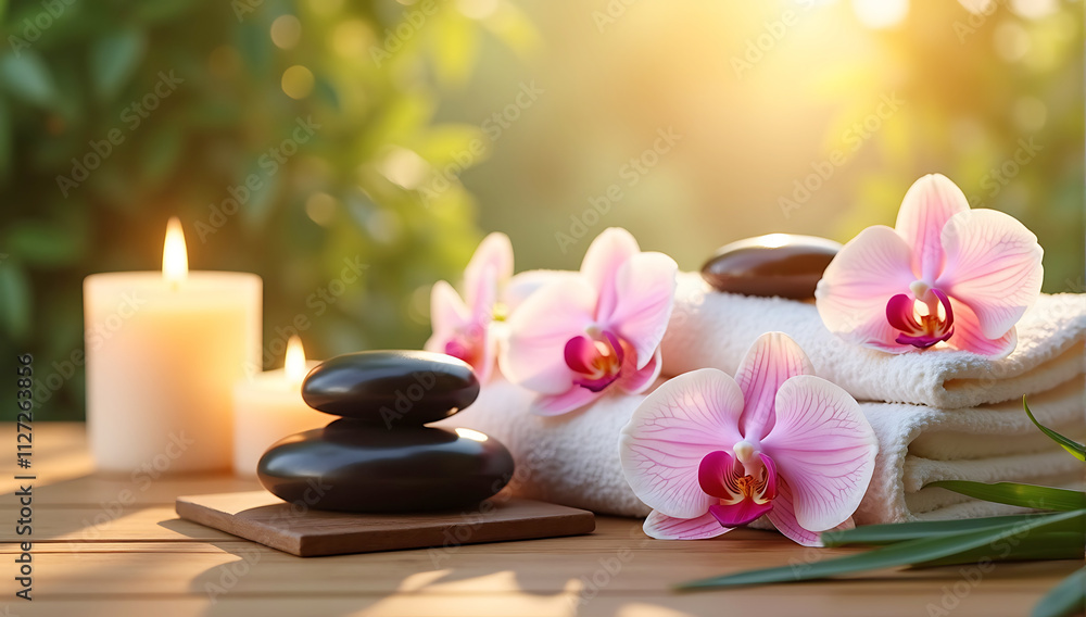 Massage Stones With Towels And Candles, Spa setting, glowing candles, warm ambient lighting, wooden surface Massage Stones With Towels And Candles, Spa setting, glowing candles, warm ambient lighting, wooden surface