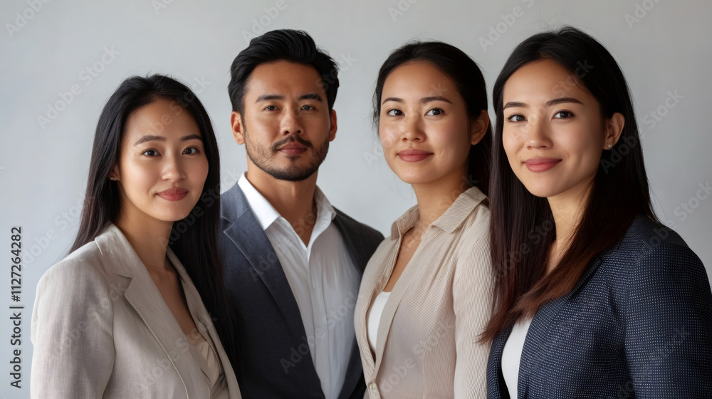 Four young asian professionals posing in a studio, showcasing teamwork and achievement Four young asian professionals posing in a studio, showcasing teamwork and achievement