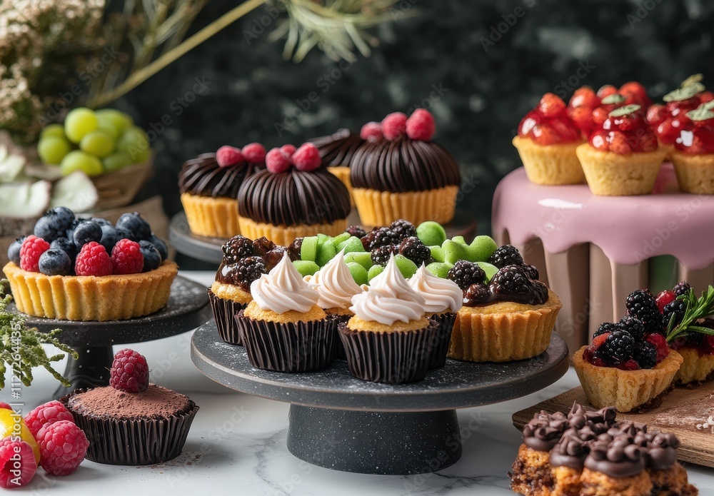 Assorted Delicious Pastries and Cupcakes Displayed on Elegant Stands, Featuring Fresh Fruits, Creamy Toppings, and Chocolate Decorations for Tempting Treats Assorted Delicious Pastries and Cupcakes Displayed on Elegant Stands, Featuring Fresh Fruits, Creamy Toppings, and Chocolate Decorations for Tempting Treats