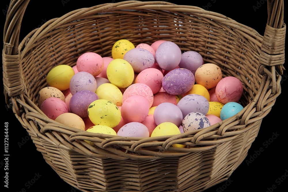 a wicker basket filled with colorful Easter eggs a wicker basket filled with colorful Easter eggs