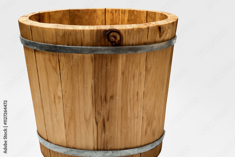 Obraz premium Wooden bucket with black bands on it. Wooden bucket with a white background. A white bucket with a light on it stands on a wooden background. Wooden bucket with white lifestyle light on the.