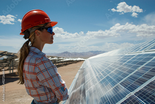 a female engineer calibrating solar panel system on remote desert installation photo