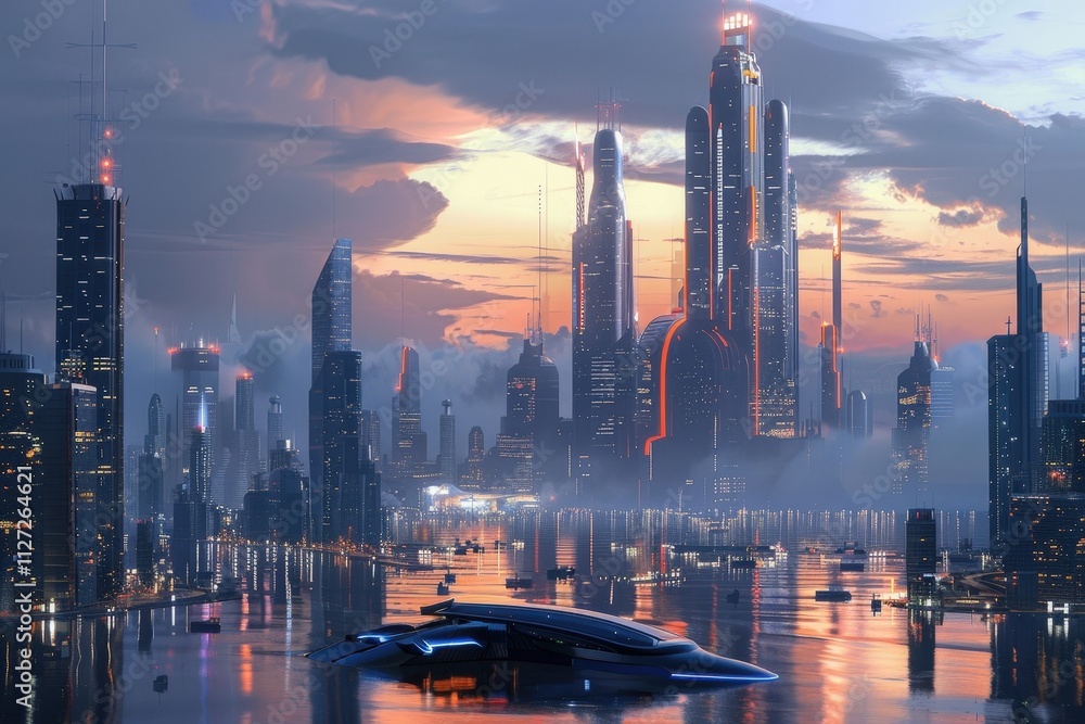 Futuristic cityscape with towering skyscrapers and a vibrant river flowing through the center during a clear day with fluffy clouds in the sky Futuristic cityscape with towering skyscrapers and a vibrant river flowing through the center during a clear day with fluffy clouds in the sky