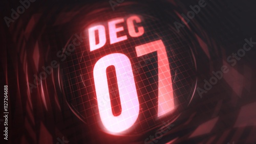 December 7st, hud calendar with neon red sign in 4k. Calendar with number and month with grid background. photo