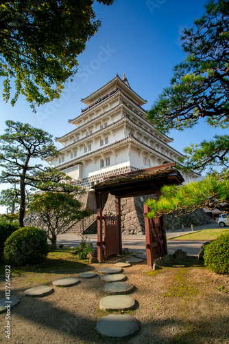 Shimabara Castle, also known as Moritake Castle and Takaki Castle, Japanese five-story white castle located between Ariake Bay and Mount Unzen, Shimabara, Nagasaki, Japan photo