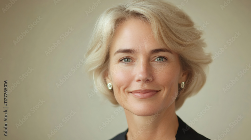 Confident businesswoman with short blonde hair and earrings posing for a studio headshot in a dark jacket, smiling Confident businesswoman with short blonde hair and earrings posing for a studio headshot in a dark jacket, smiling