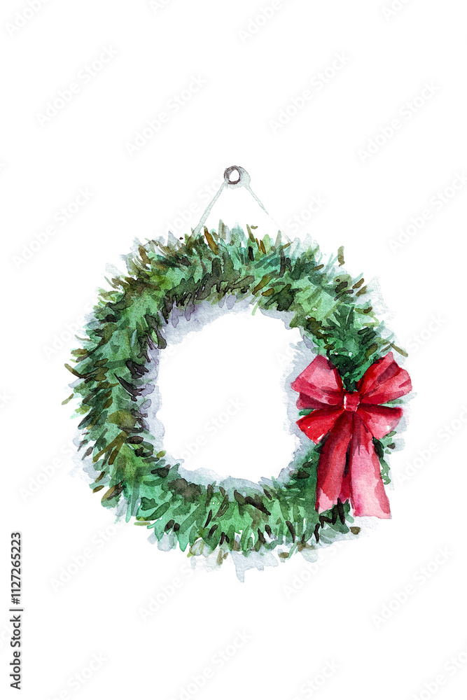watercolor christmas wreath with a red bow isolated on white background watercolor christmas wreath with a red bow isolated on white background