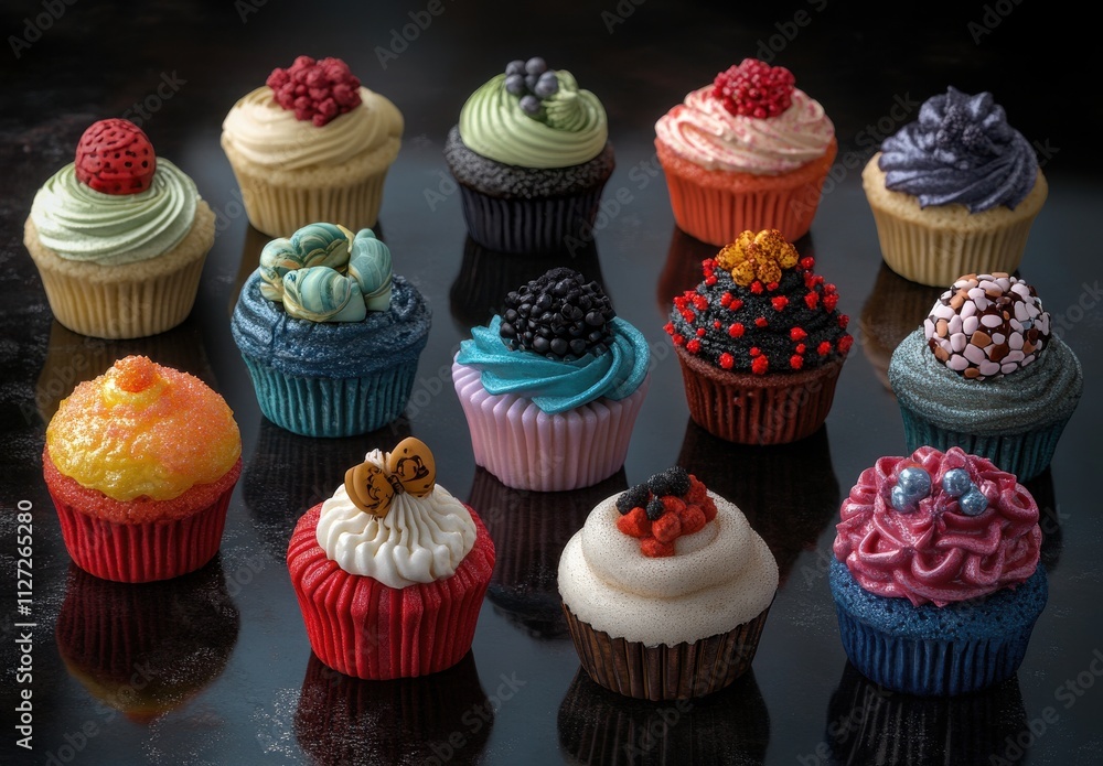 Colorful and Delicious Cupcakes Displayed on a Dark Surface with Intricate Frosting Designs and Toppings for an Eye-Catching Dessert Presentation Colorful and Delicious Cupcakes Displayed on a Dark Surface with Intricate Frosting Designs and Toppings for an Eye-Catching Dessert Presentation
